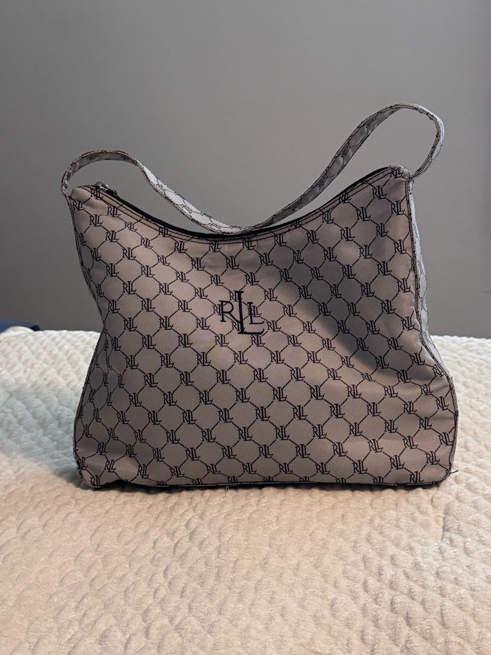 Vintage Lauren Ralph Lauren Monogram Canvas Hobo Bag Gray Y2K Shoulder Purse